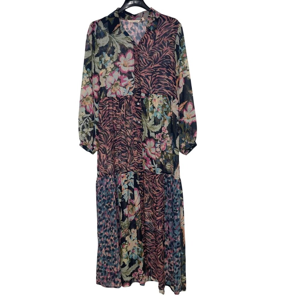 Soft Surroundings Sheer Floral Animal Print Button Down Maxi Dress Sz SM Boho